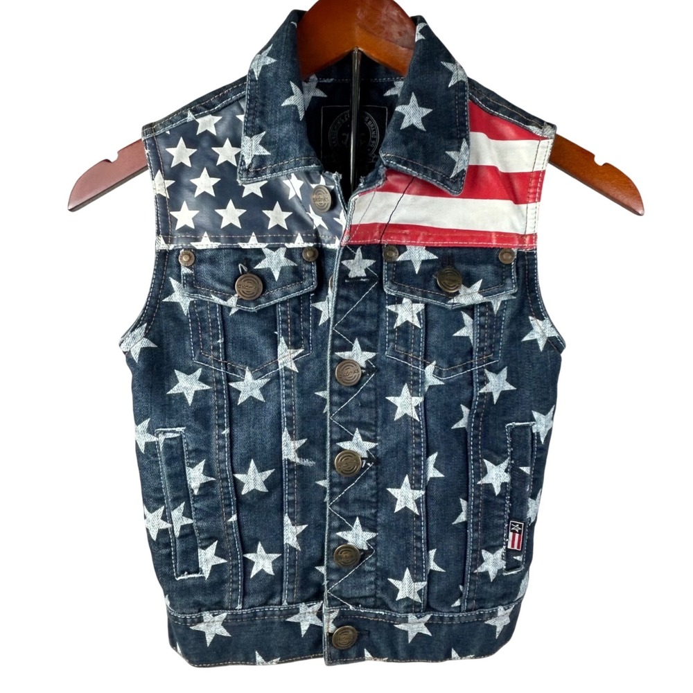 Akademiks Kids Denim Vest Blue Star American Flag Print XL 7 Streetwear Logo